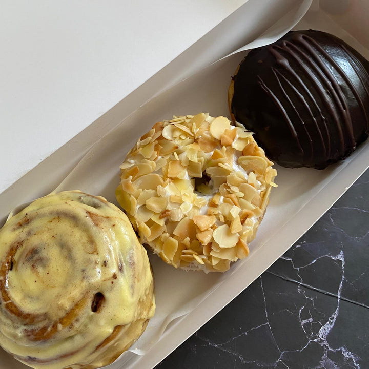 Donut Combo Box D ( Almonds and Cream | Alcapone Inspired Vegan-Style Donut + Choco-Filled Donut + Cinnamon Roll)