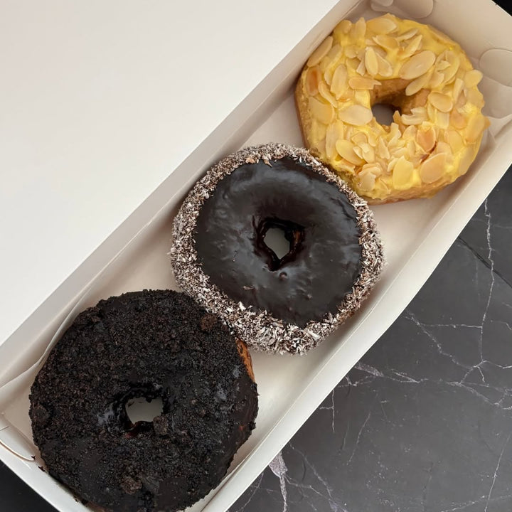 Donut Combo Box Treats 2 (Dark Choco w/ Oreos + Dark Choco w/ Coconut + Almonds & Cream) Thaw/Heat & Eat Frozen Box