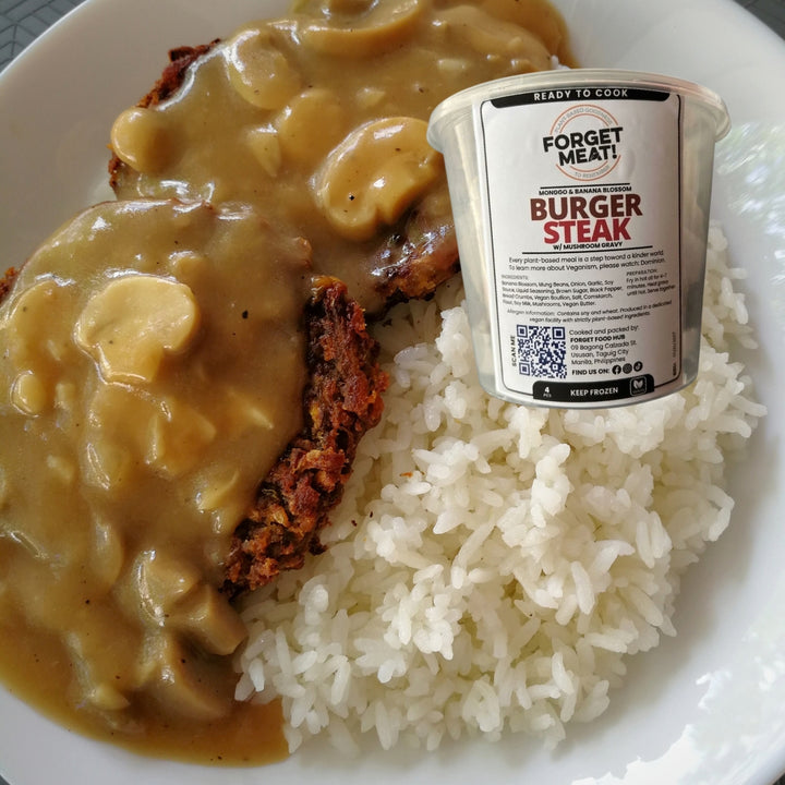 Burger Steak with Mushroom Gravy Sauce 4pcs with sauce in a 5oz. cup by Forget Meat!