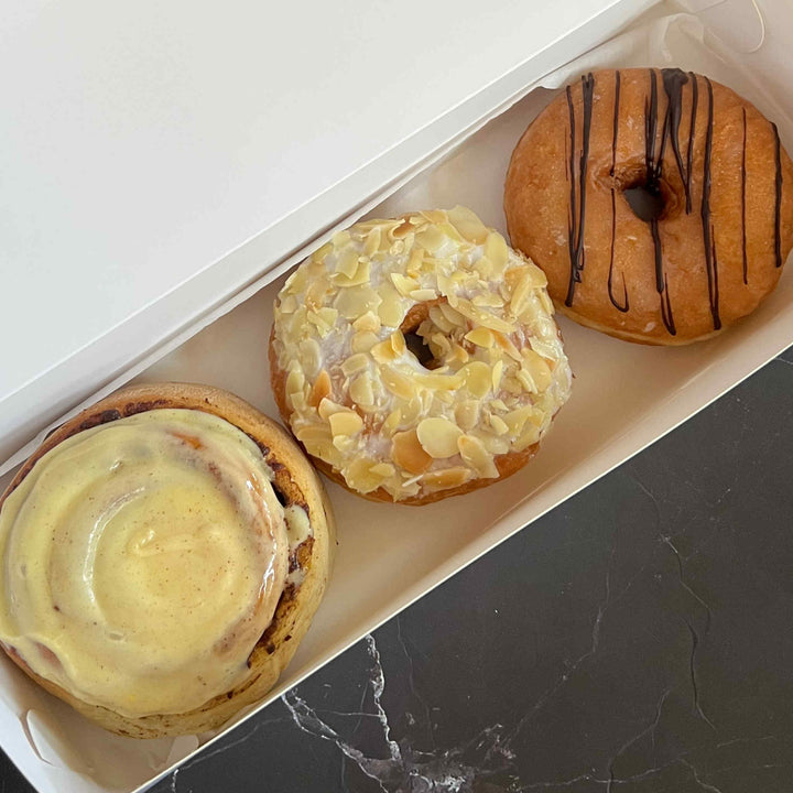 Donut Combo Box CRAOCD (Cinnamon Rolls + Almonds and Creme + Original Glazed with Choco Drizzle Donut)
